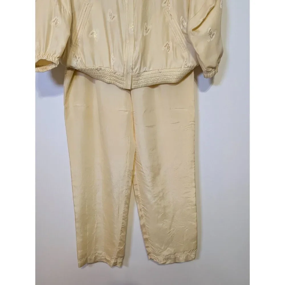 Vintage 90s Silk Butterfly Tracksuit Set Champagne Boho Luxe Size L Pale Yellow - Picture 12 of 15